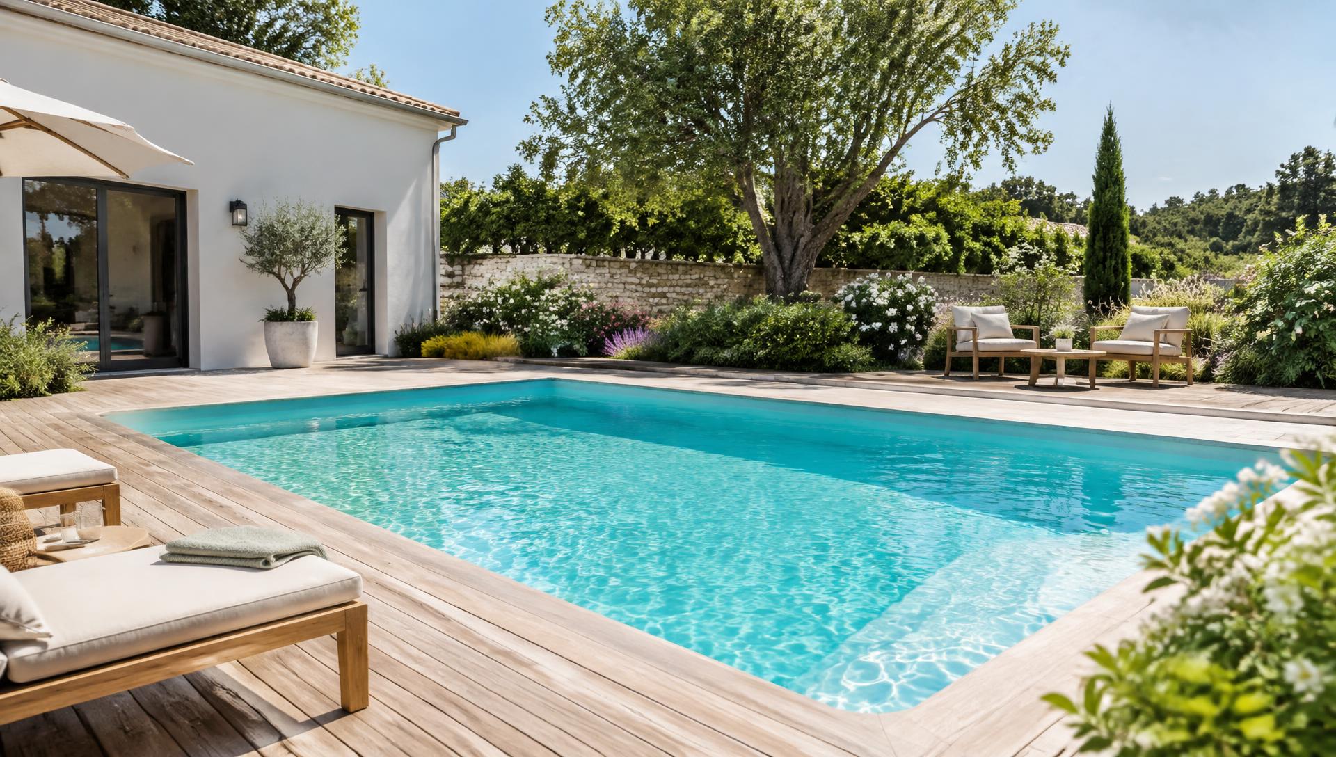 Piscine coque RHONE 57 installée sur une terrasse en bois, eau turquoise en plein été