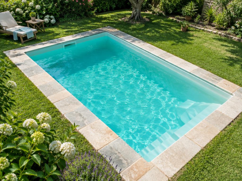 Piscine coque RHONE 35 en eau dans un jardin